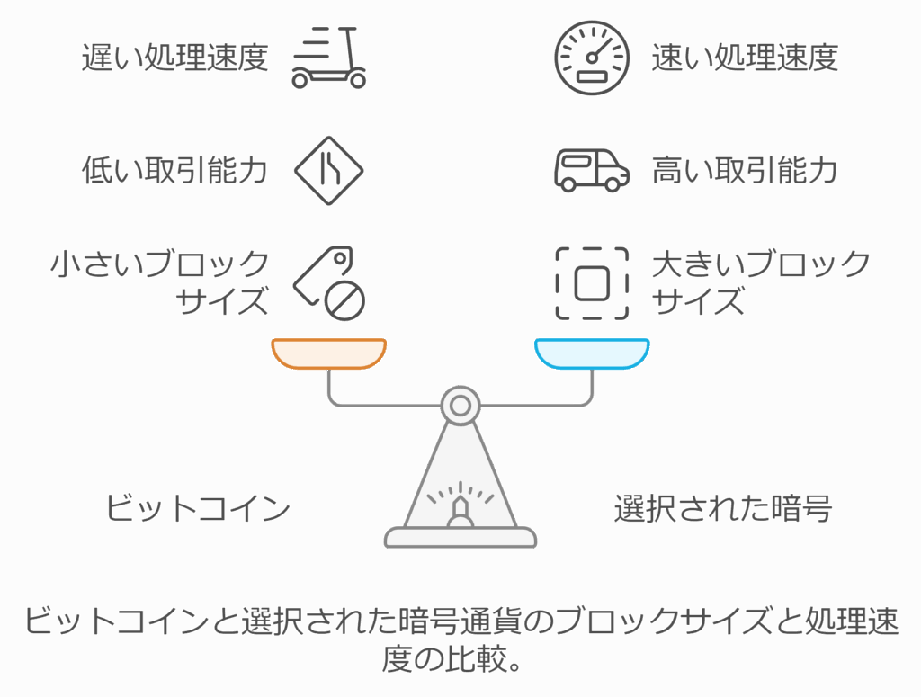 ビットコインと選択された暗号通貨のブロックサイズと処理速度の比較