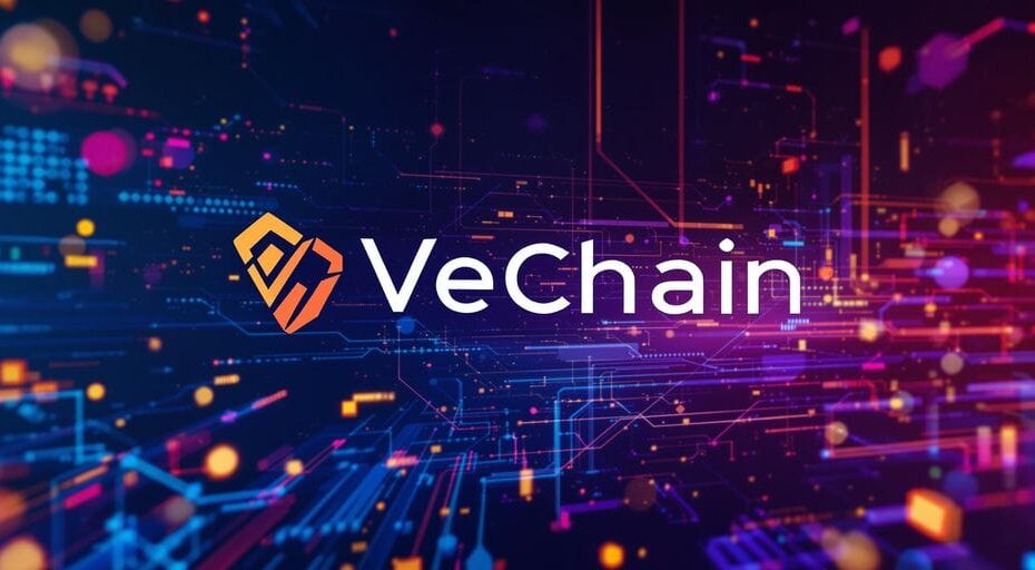 VeChainのロゴと未来的な背景の画像