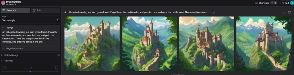 緑豊かな森の中にそびえ立つ古城。城壁には旗がはためき、城下町には人々が行き交う。遠くには険しい山々が連なり、空にはドラゴンが舞う。