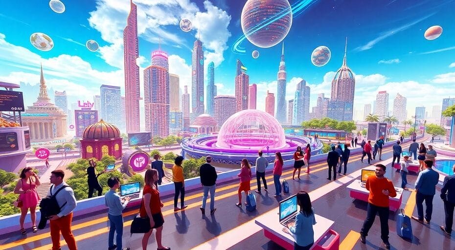 Futuristic cityscape with avatars in a digital metaverse.