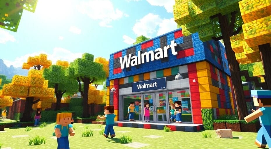 Minecraft landscape with Walmart store and playful characters.