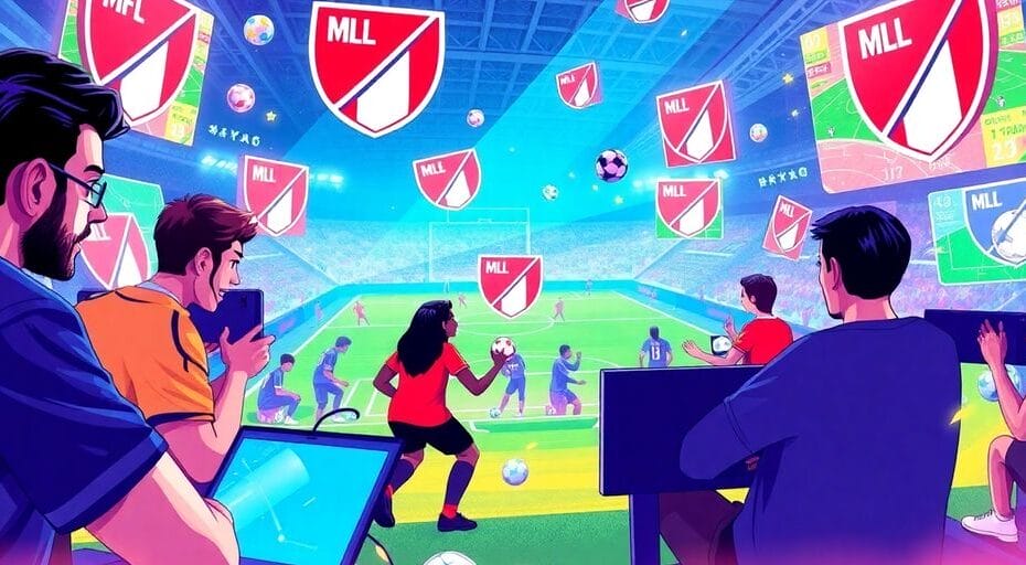 Gamers engaging with soccer NFTs in a colorful environment.