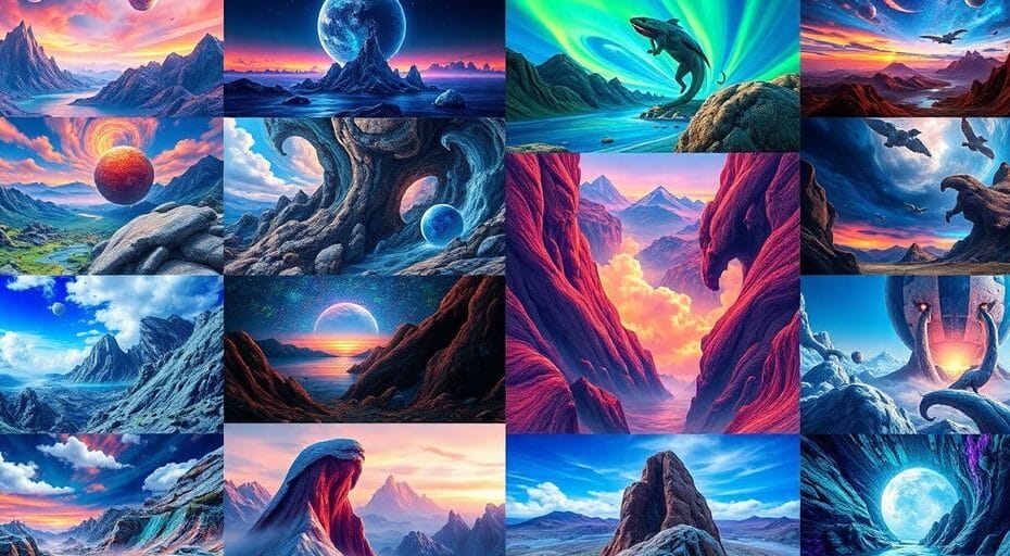 AI-generated images showcasing creativity and diverse landscapes.