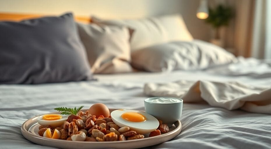 Cozy bedroom with high-protein foods on bedside table.