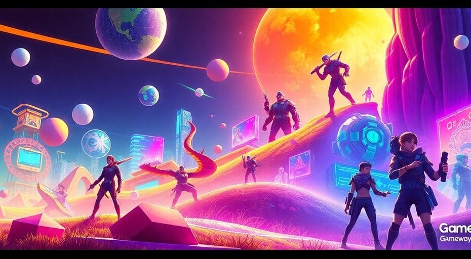 新興GameFiプロジェクトの未来的なゲームキャラクターと風景