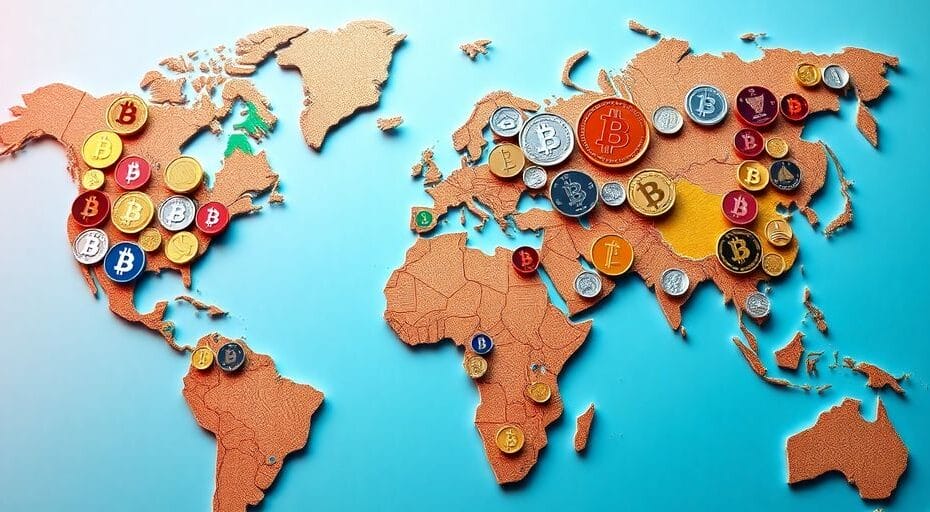 多様な暗号通貨コインと世界地図の画像