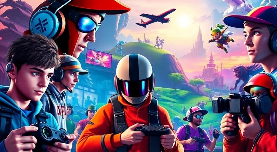 ゲームキャラクターとバーチャル風景のコラージュ