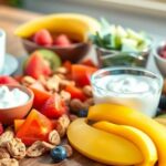 健康的なおやつの盛り合わせと木のテーブル