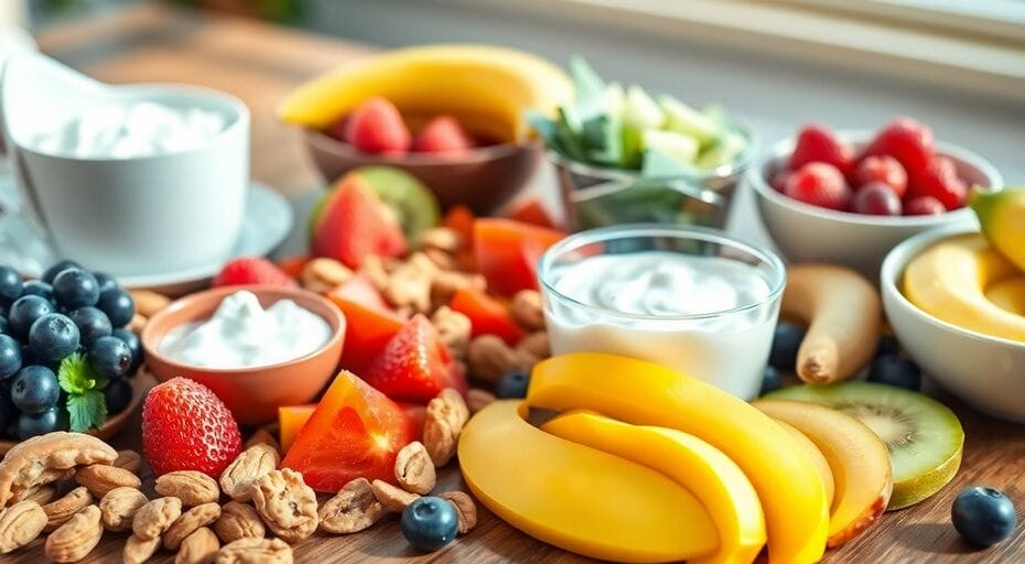 健康的なおやつの盛り合わせと木のテーブル