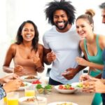 仲間と健康的な食事を楽しむ様子