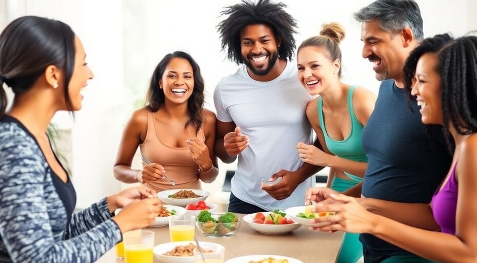 仲間と健康的な食事を楽しむ様子