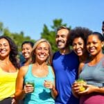 多様な人々が外で運動を楽しんでいる様子