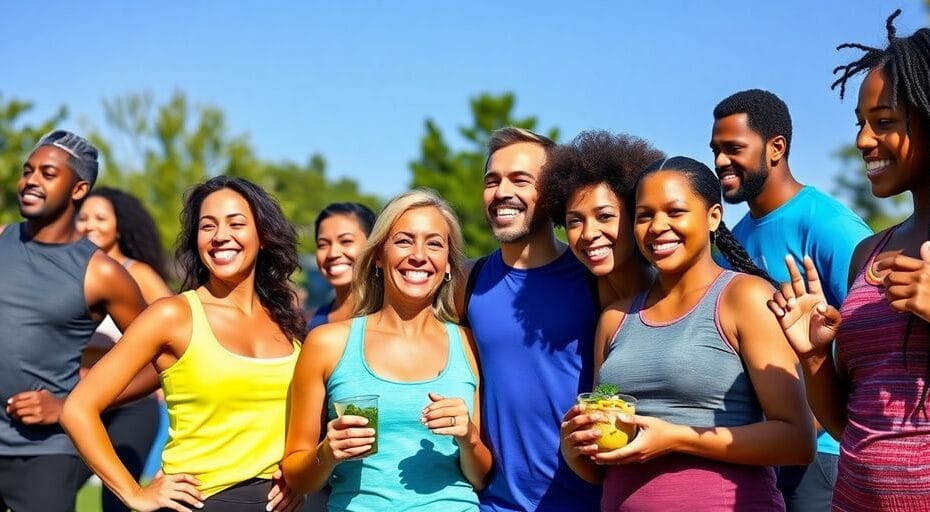 多様な人々が外で運動を楽しんでいる様子