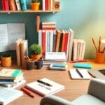 学習空間、書籍、ノートパソコン、文房具、緑