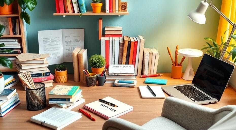 学習空間、書籍、ノートパソコン、文房具、緑