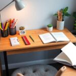 学習空間、机、文房具、ノート、植物