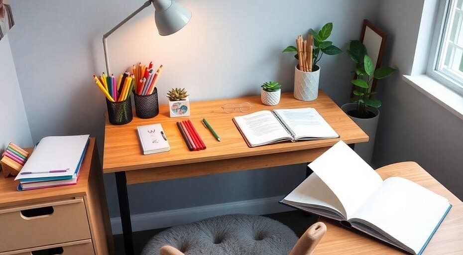 学習空間、机、文房具、ノート、植物