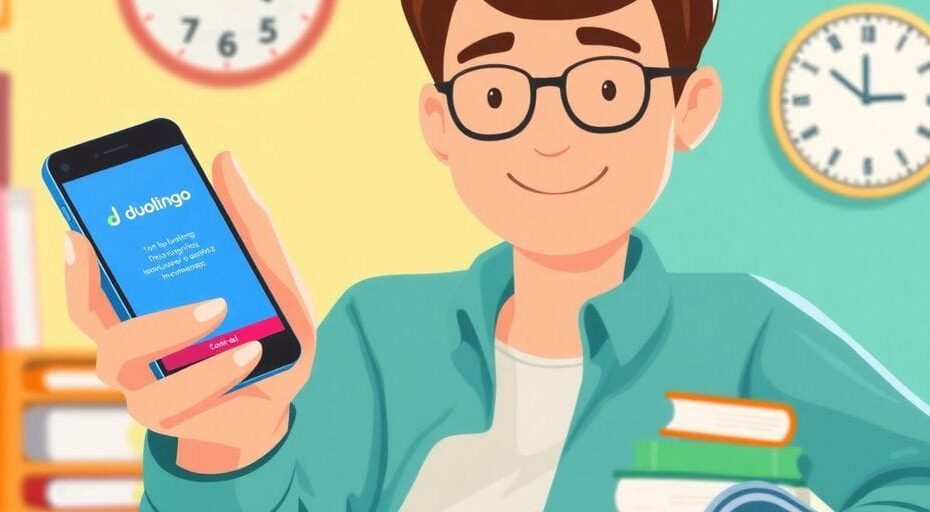 デュオリンゴアプリを使う人のイラスト