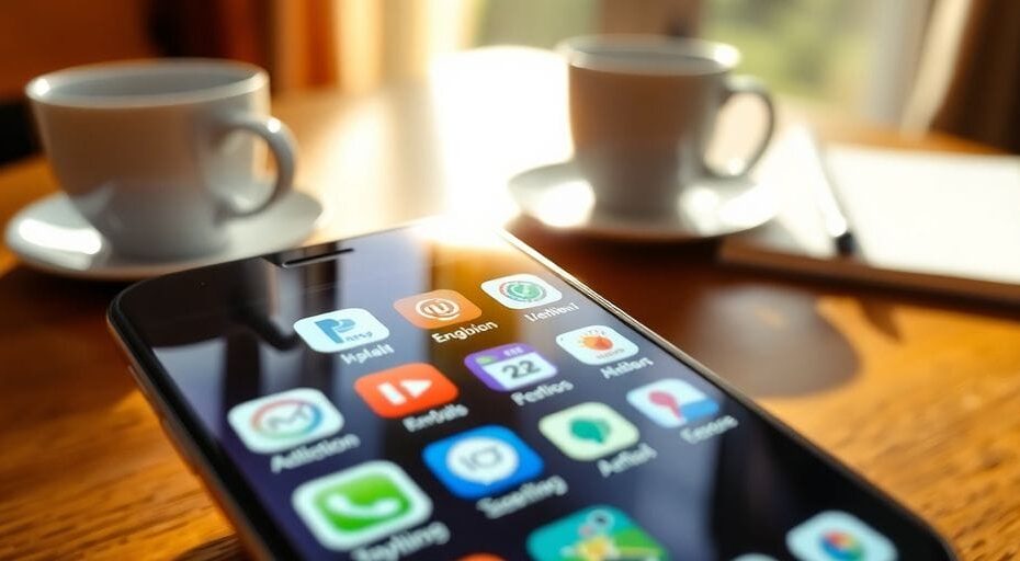 英語学習アプリのスマートフォン表示とコーヒー