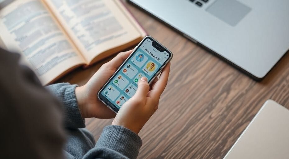 アプリで英語を学ぶ人と本とノートパソコン