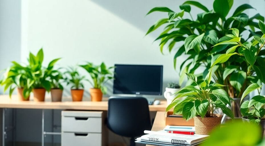 投資環境を表す緑の植物と整頓されたデスク