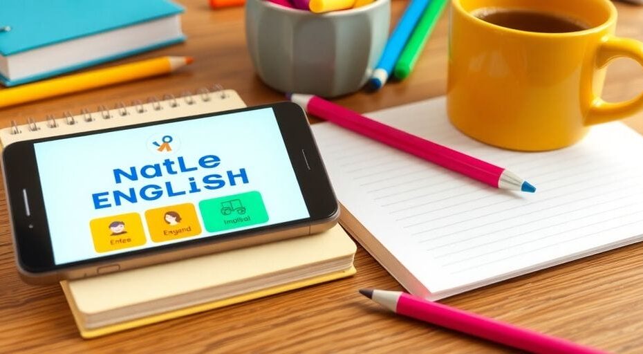 英語学習アプリと勉強道具の写真