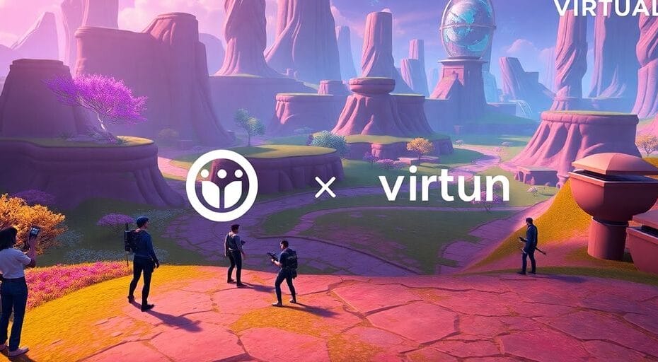 Futuristic gaming scene with AI characters and vibrant landscapes.