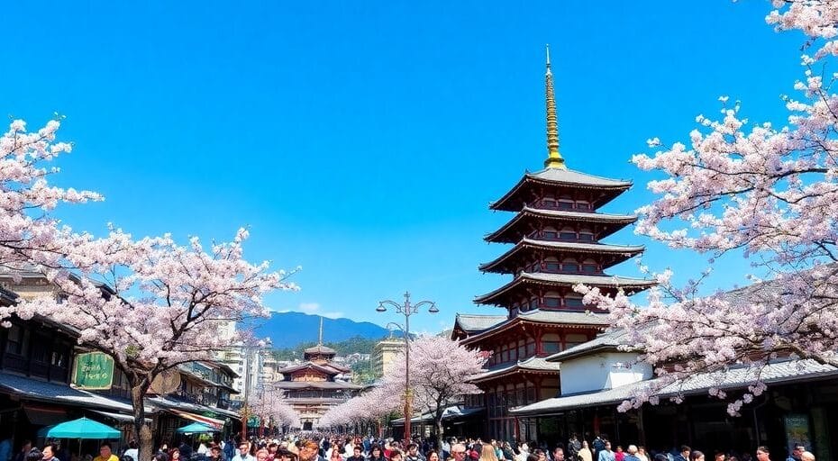 Crowded Kyoto street with tourists and cherry blossoms.