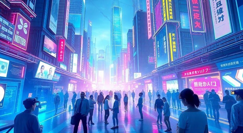 Futuristic cityscape of a vibrant metaverse environment.