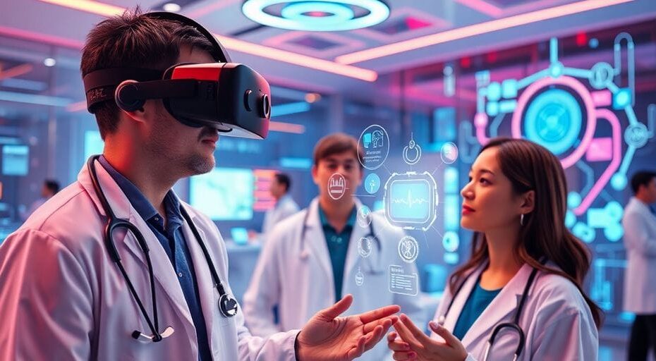 Virtual healthcare interaction in a metaverse environment.