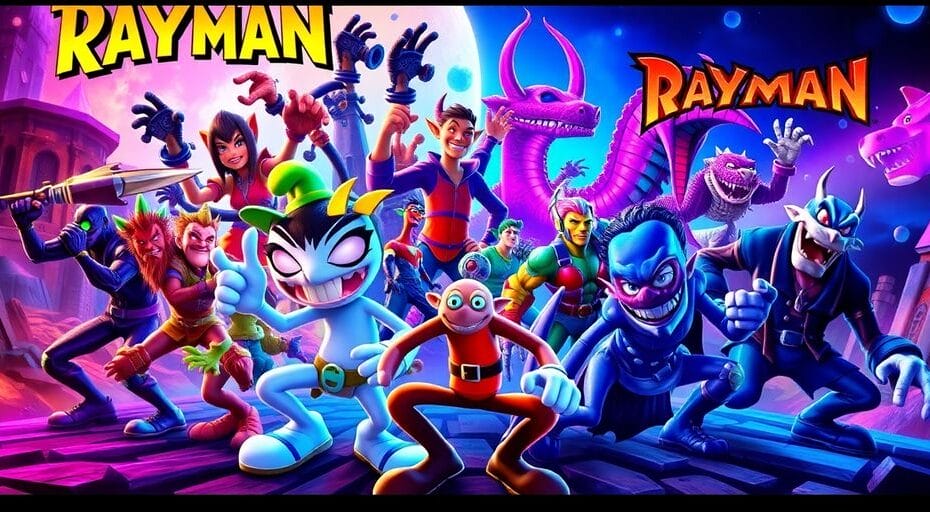 Rayman and Blood Dragon characters in a vivid digital landscape.