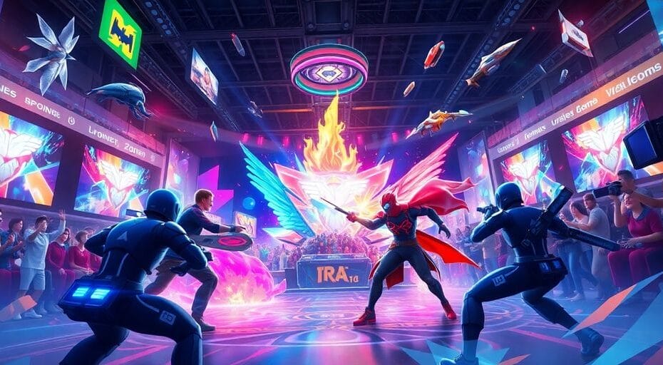 AI生成キャラクターが戦うeスポーツシーンのイメージ