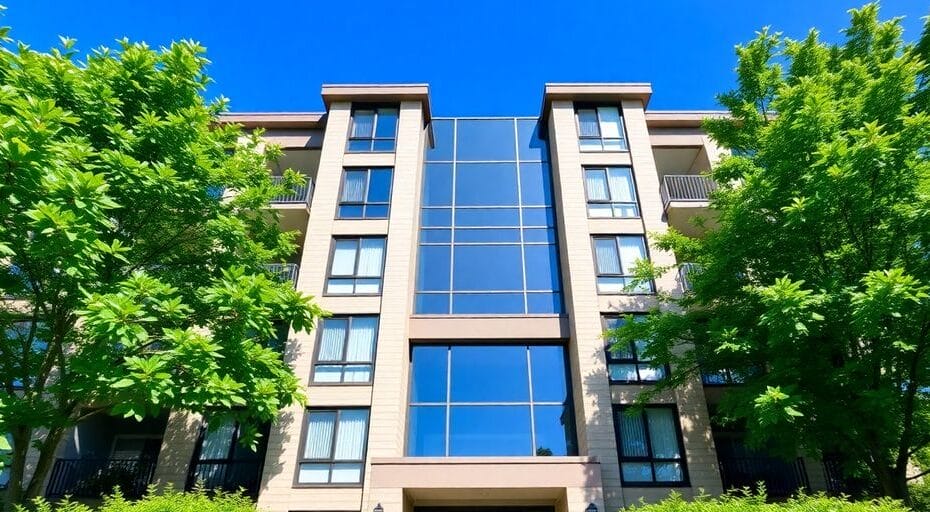 モダンなアパートと緑に囲まれた景観