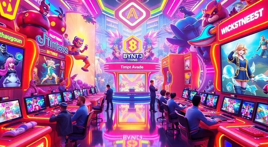 多様なキャラクターと未来的なゲーム環境の画像