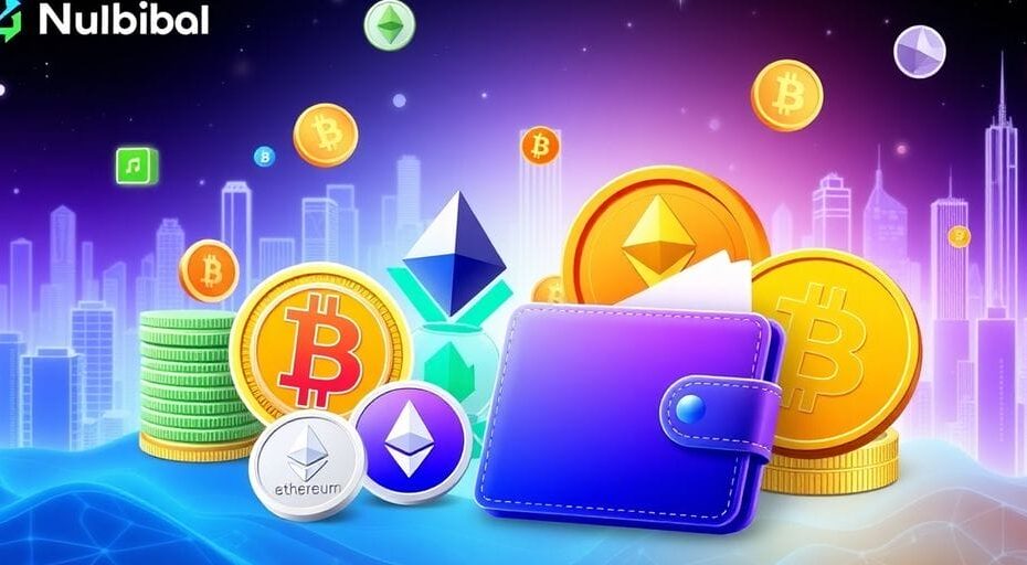 Colorful cryptocurrencies and digital wallet in a city backdrop.