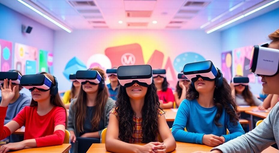 生徒がメタバースで学ぶ活気ある教室の風景