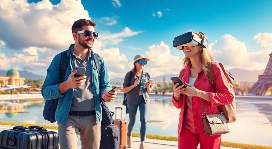 旅行者とハイテクデバイスの未来的な風景