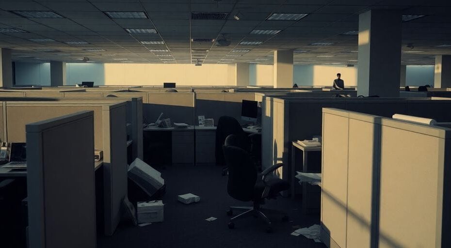 空のオフィスキュービクルと散乱した個人用品