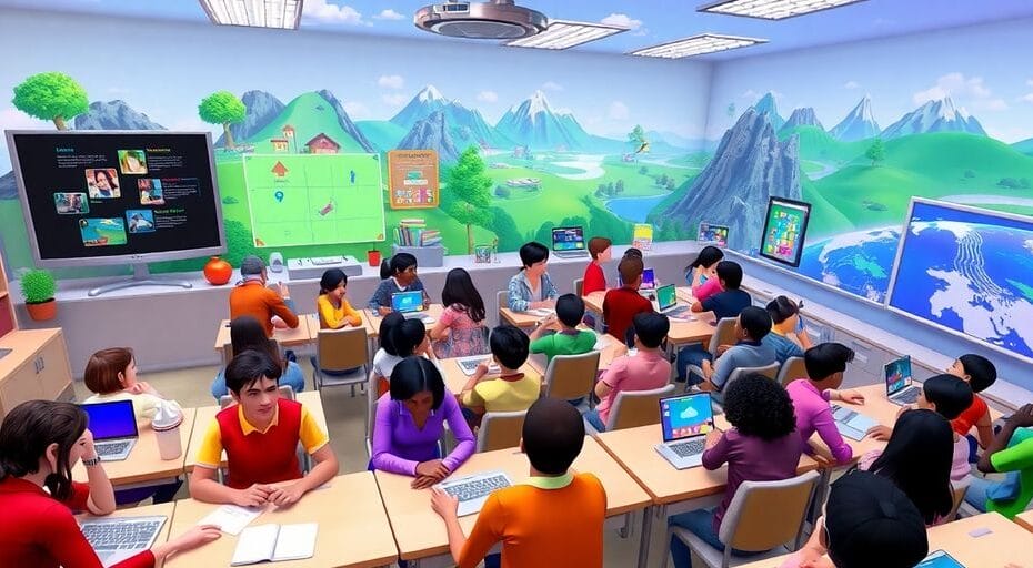 多様な学生がメタバースで学ぶ教室のシーン