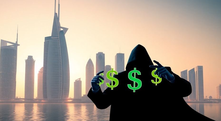 UAEの都市と暗号通貨の不正取引のイメージ