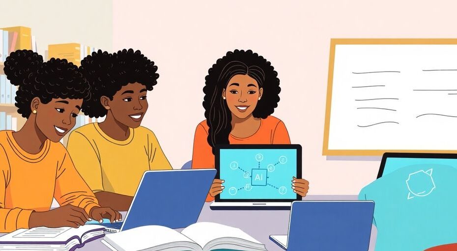 学生たちが協力して学ぶ風景のイラスト