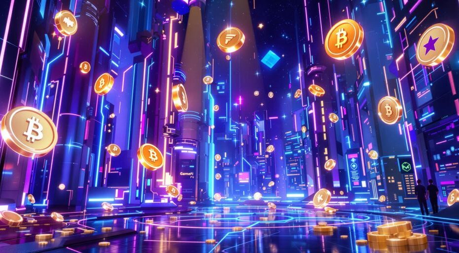 未来的なネオンの都市がデジタルトークンと握手のフィギュアによって照らされています。