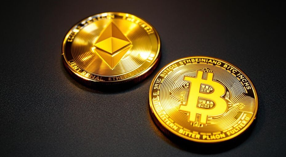 金色のビットコインと洗練された銀色のイーサリアムコインを展示した写真のビュー。