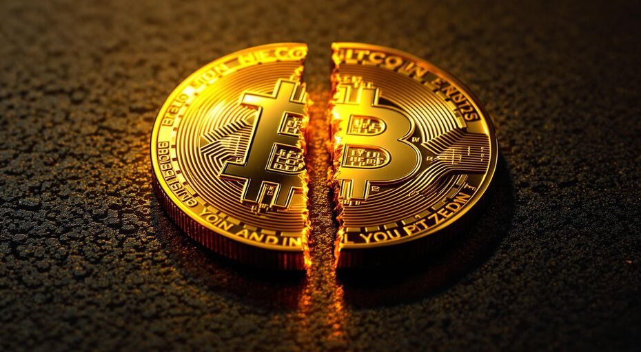 半分に切られたビットコインのコインの写真、詳細な機械的な鮮やかなテクスチャー。