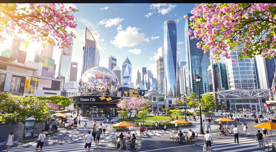 活気ある都市の風景、現代建築と活発なストリートライフ。