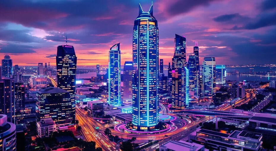 未来的な都市景観、ネオンで輝く洗練された現代的な反射建築。