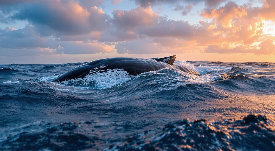 鮮やかな海の朝焼けの中にいる巨大なクジラのリアルな写真。