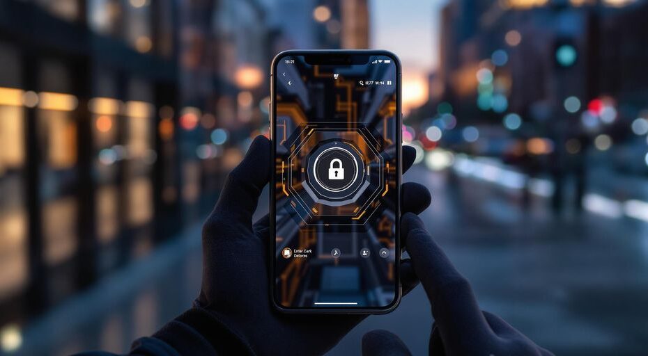 未来的なスマートフォンと安全なデジタルウォレット、現代的な都市の夕暮れの雰囲気