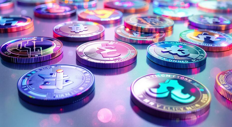 現代的な表面にある鮮やかな金属製デジタルコインのクローズアップ写真。