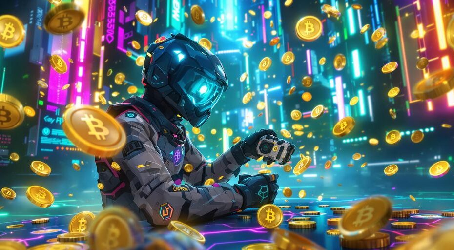 未来的なゲーマーがデジタルコインとネオンライトに囲まれている